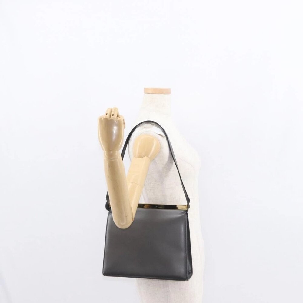 GUCCI Shoulder Bag Leather Black Gold Auth BA8638